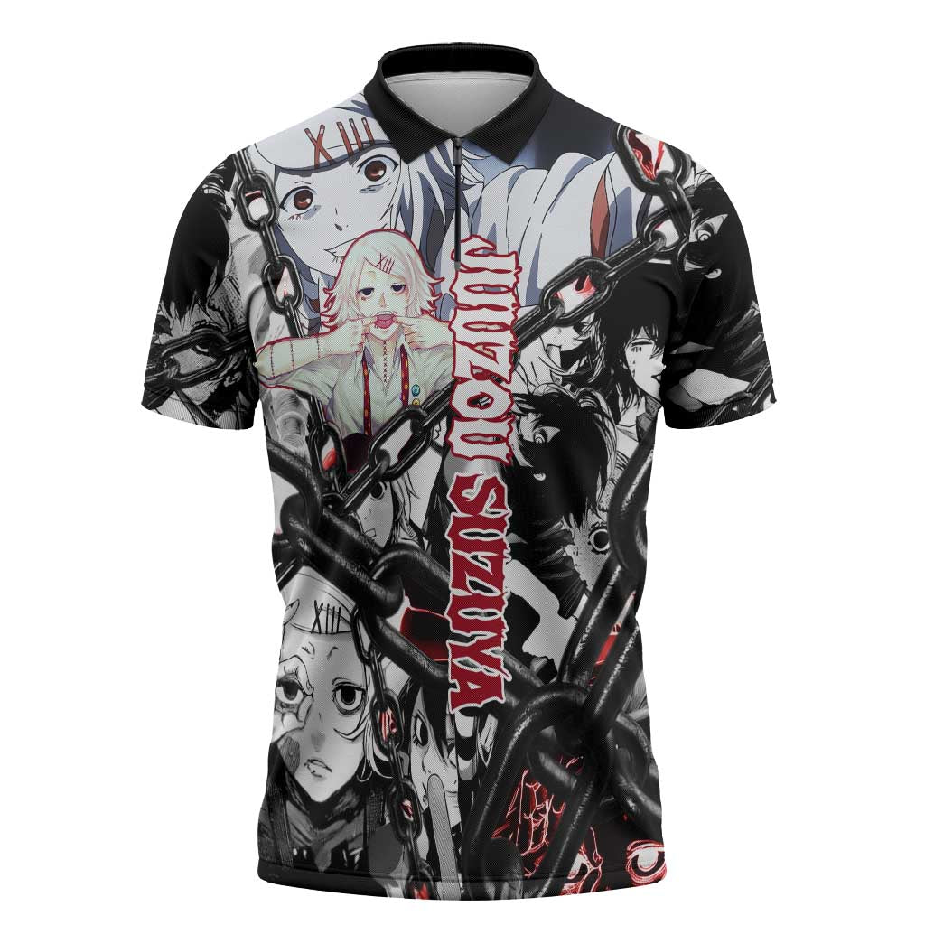 Juuzou Suzuya Tokyo Ghoul Black and White Manga Style Design Zipper Polo Shirt with Red Accents and Chain Weapon Motif - The Mazicc