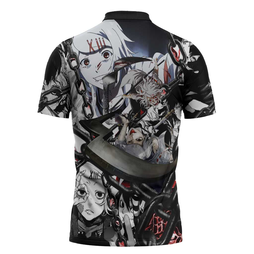 Juuzou Suzuya Tokyo Ghoul Black and White Manga Style Design Zipper Polo Shirt with Red Accents and Chain Weapon Motif - The Mazicc