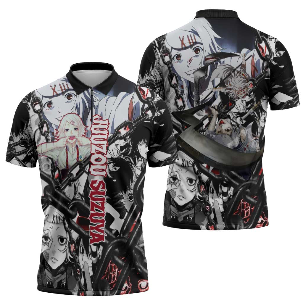 Juuzou Suzuya Tokyo Ghoul Black and White Manga Style Design Zipper Polo Shirt with Red Accents and Chain Weapon Motif - The Mazicc