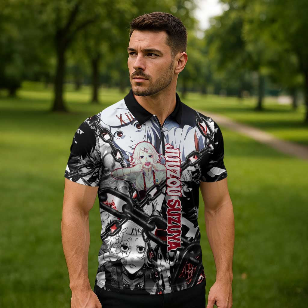 Juuzou Suzuya Tokyo Ghoul Black and White Manga Style Design Zipper Polo Shirt with Red Accents and Chain Weapon Motif - The Mazicc