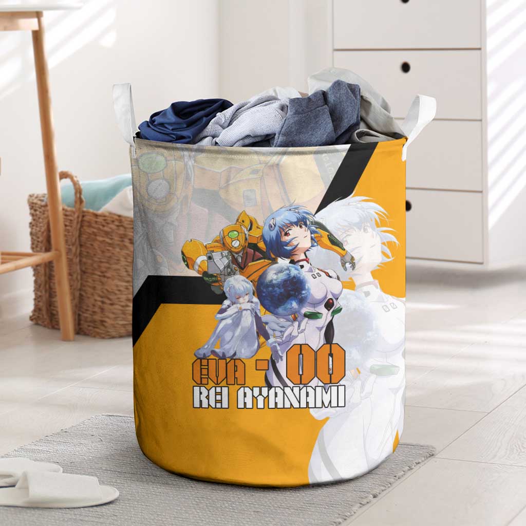 Evangelion EVA-00 and Rei Ayanami Yellow and White Laundry Basket Design with Mecha and Character Artwork - The Mazicc