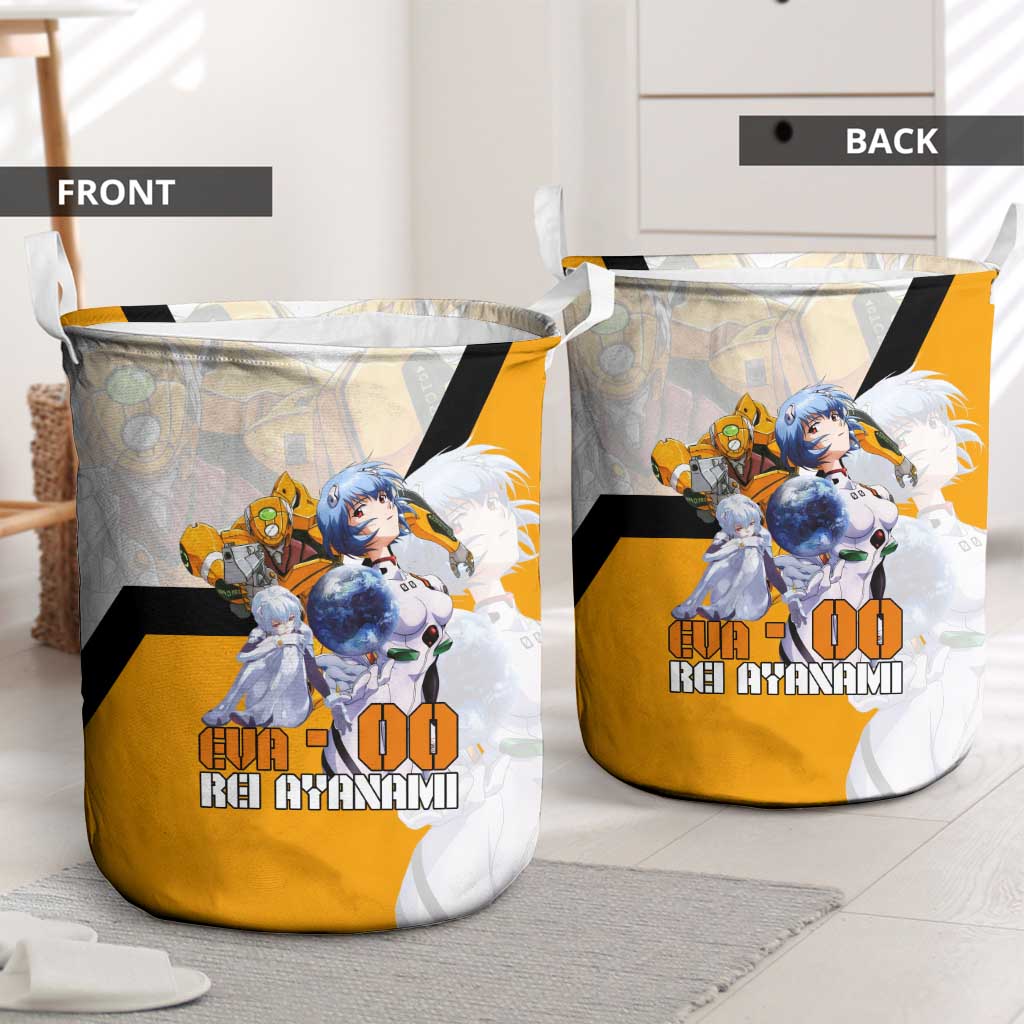 Evangelion EVA-00 and Rei Ayanami Yellow and White Laundry Basket Design with Mecha and Character Artwork - The Mazicc