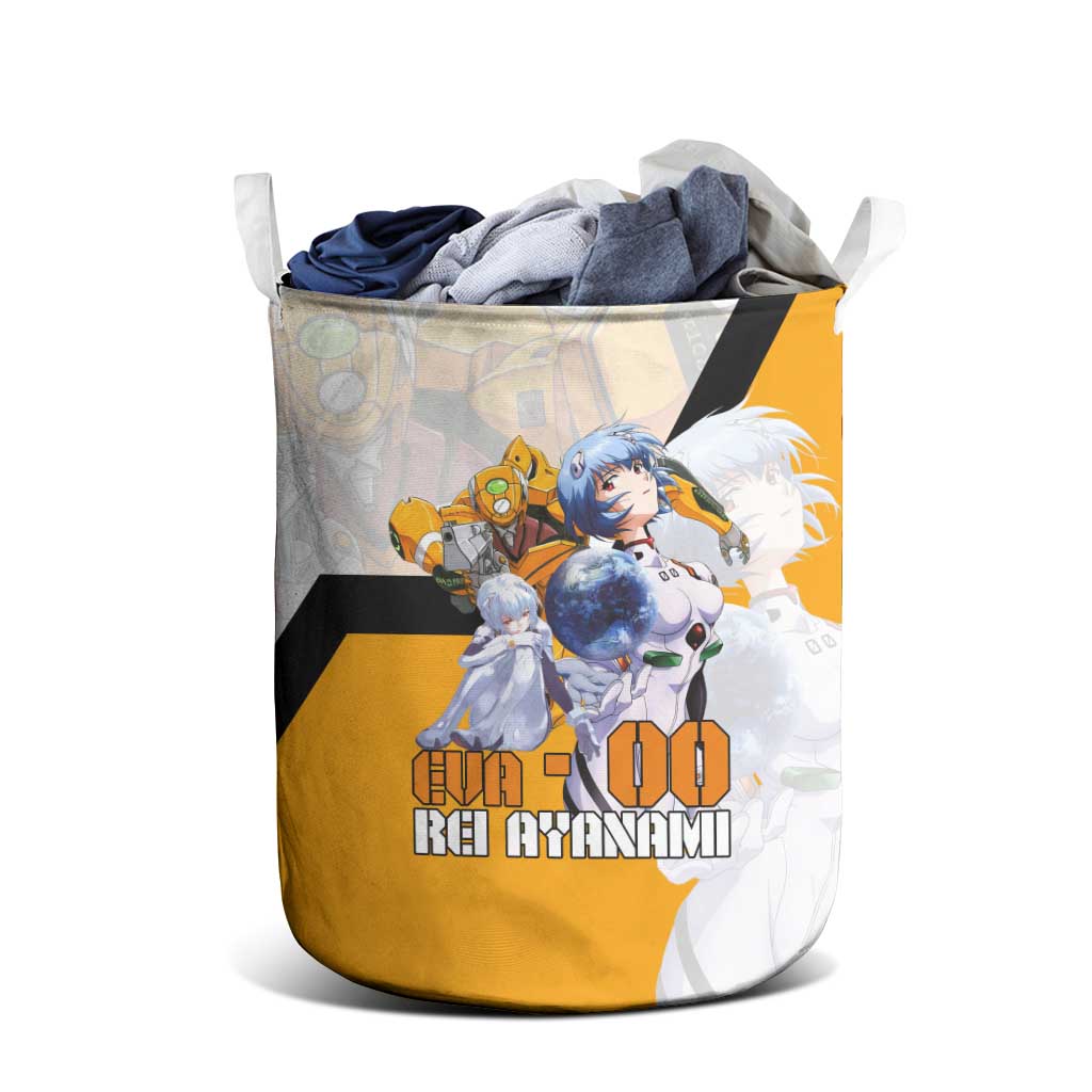 Evangelion EVA-00 and Rei Ayanami Yellow and White Laundry Basket Design with Mecha and Character Artwork - The Mazicc