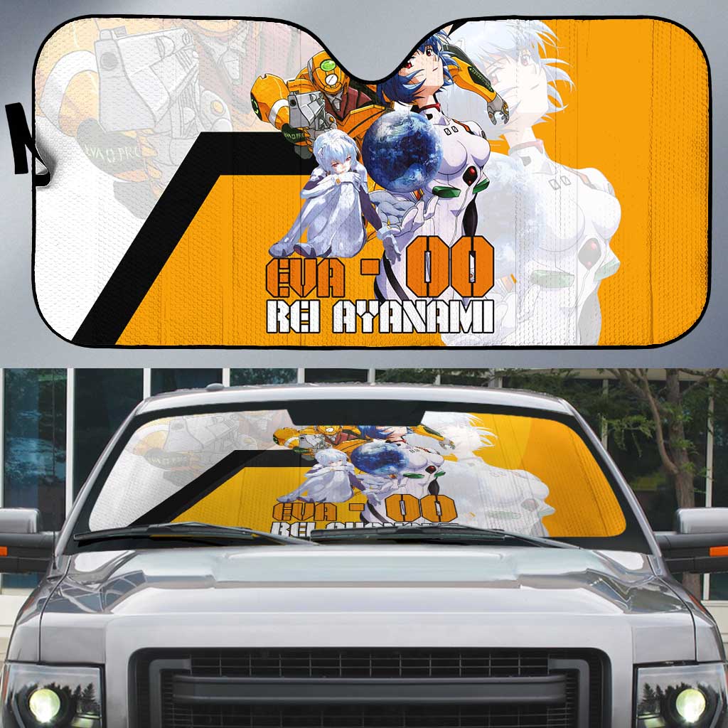 Evangelion EVA-00 and Rei Ayanami Yellow and White Auto Sun Shade Design with Mecha and Character Artwork - The Mazicc