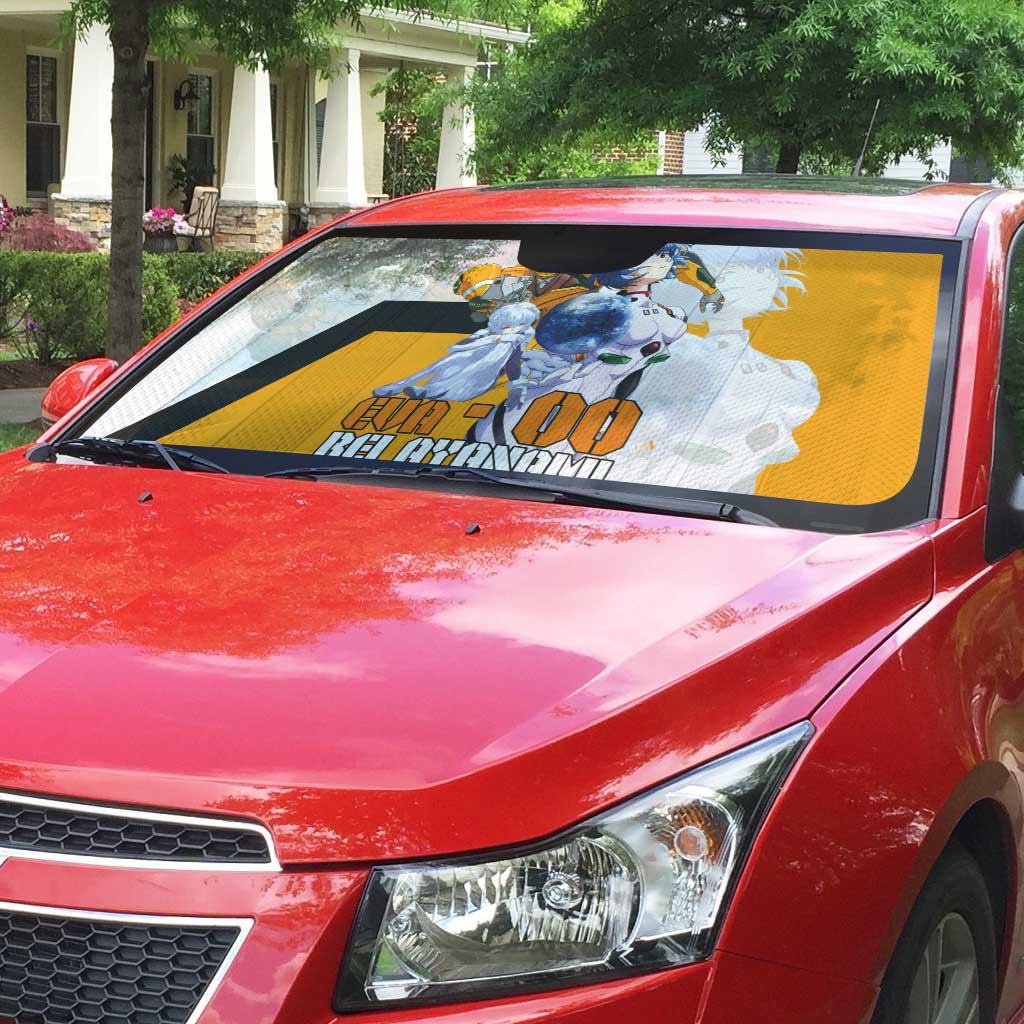 Evangelion EVA-00 and Rei Ayanami Yellow and White Auto Sun Shade Design with Mecha and Character Artwork - The Mazicc