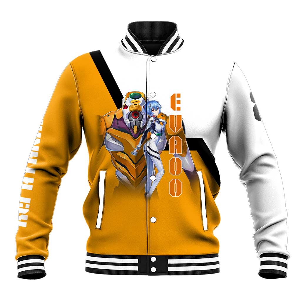 Evangelion EVA-00 and Rei Ayanami Yellow and White Baseball Jacket Design with Mecha and Character Artwork - The Mazicc