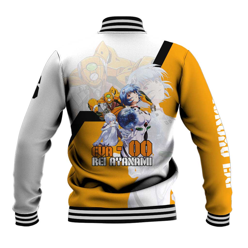 Evangelion EVA-00 and Rei Ayanami Yellow and White Baseball Jacket Design with Mecha and Character Artwork - The Mazicc