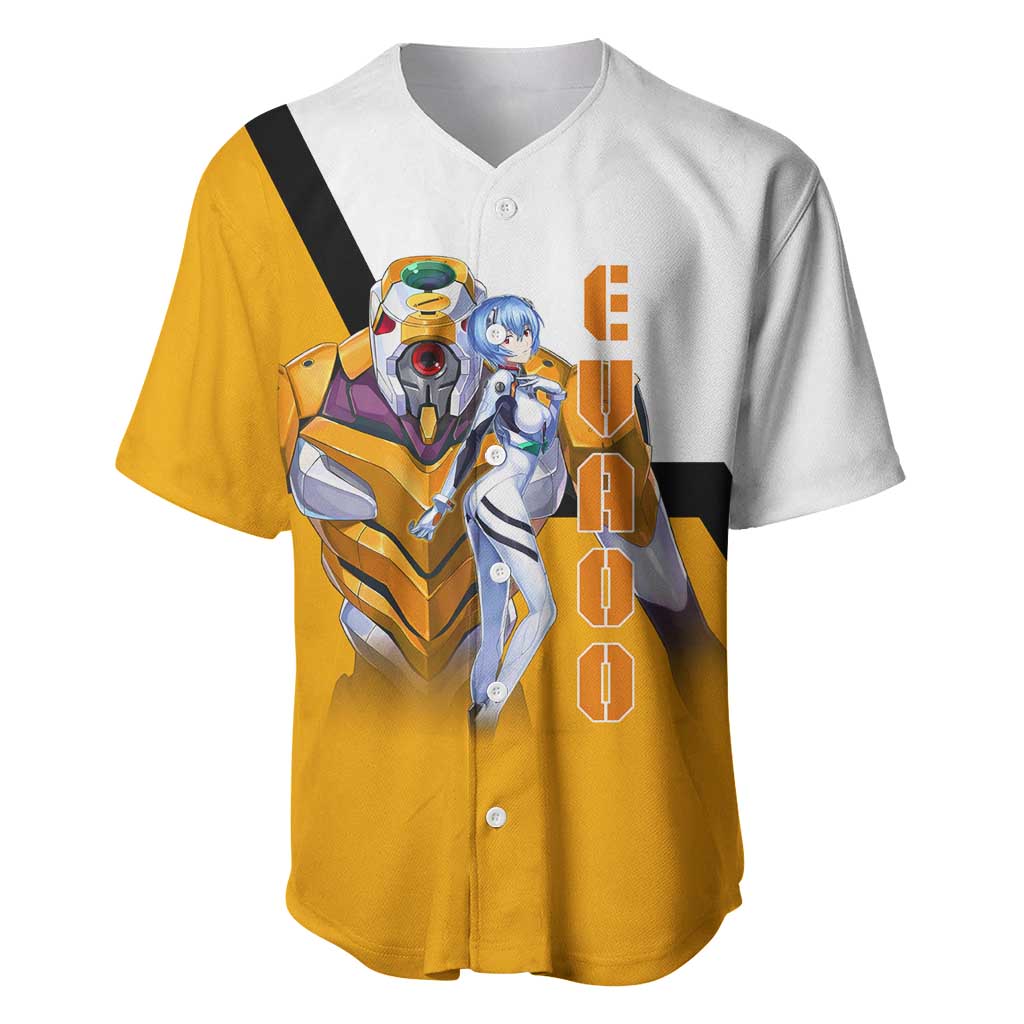 Evangelion EVA-00 and Rei Ayanami Yellow and White Baseball Jersey Design with Mecha and Character Artwork - The Mazicc
