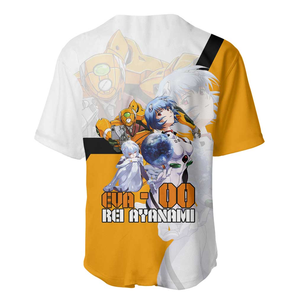 Evangelion EVA-00 and Rei Ayanami Yellow and White Baseball Jersey Design with Mecha and Character Artwork - The Mazicc