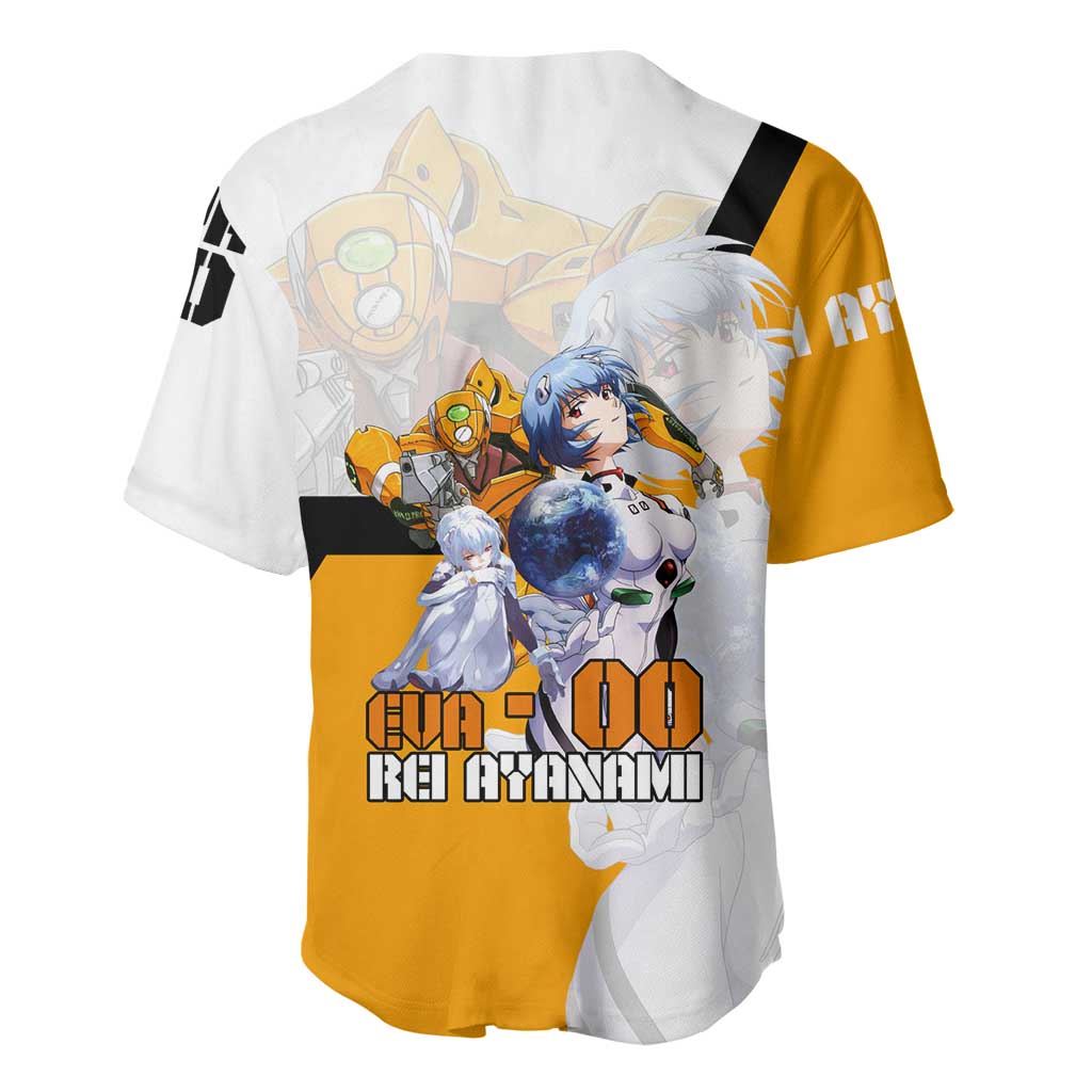 Evangelion EVA-00 and Rei Ayanami Yellow and White Baseball Jersey Design with Mecha and Character Artwork - The Mazicc