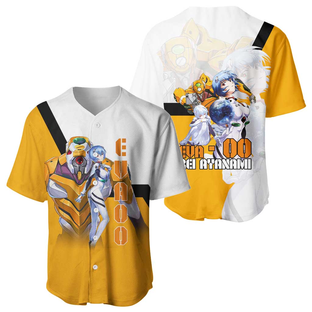 Evangelion EVA-00 and Rei Ayanami Yellow and White Baseball Jersey Design with Mecha and Character Artwork - The Mazicc