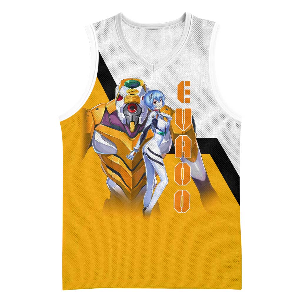 Evangelion EVA-00 and Rei Ayanami Yellow and White Basketball Jersey Design with Mecha and Character Artwork - The Mazicc