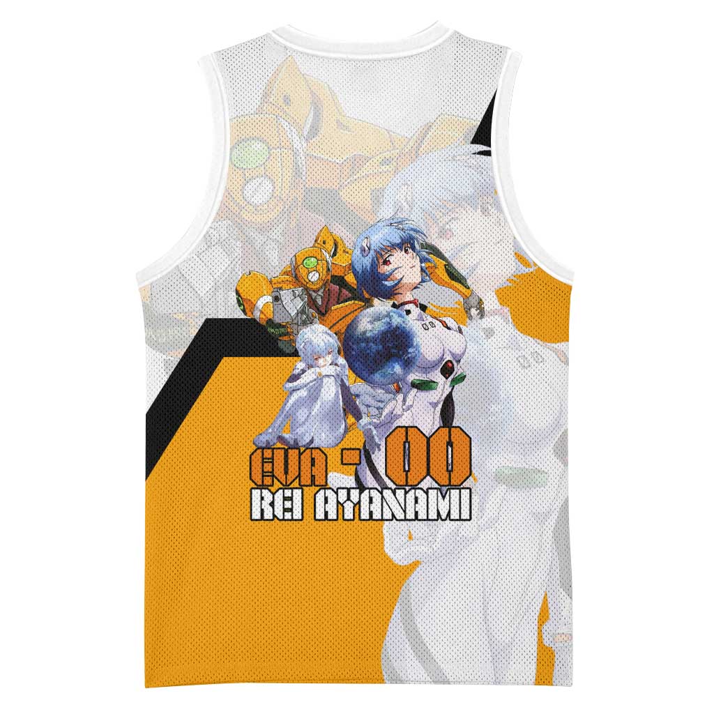Evangelion EVA-00 and Rei Ayanami Yellow and White Basketball Jersey Design with Mecha and Character Artwork - The Mazicc