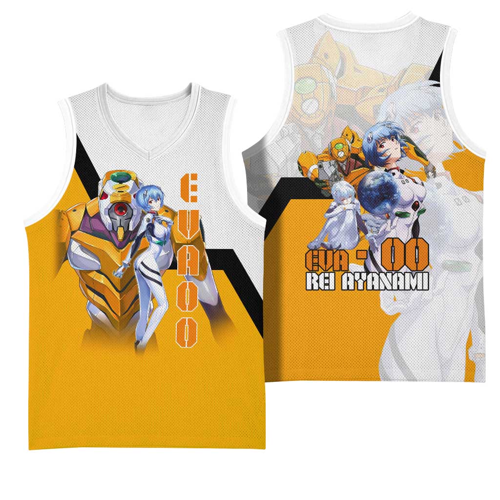 Evangelion EVA-00 and Rei Ayanami Yellow and White Basketball Jersey Design with Mecha and Character Artwork - The Mazicc