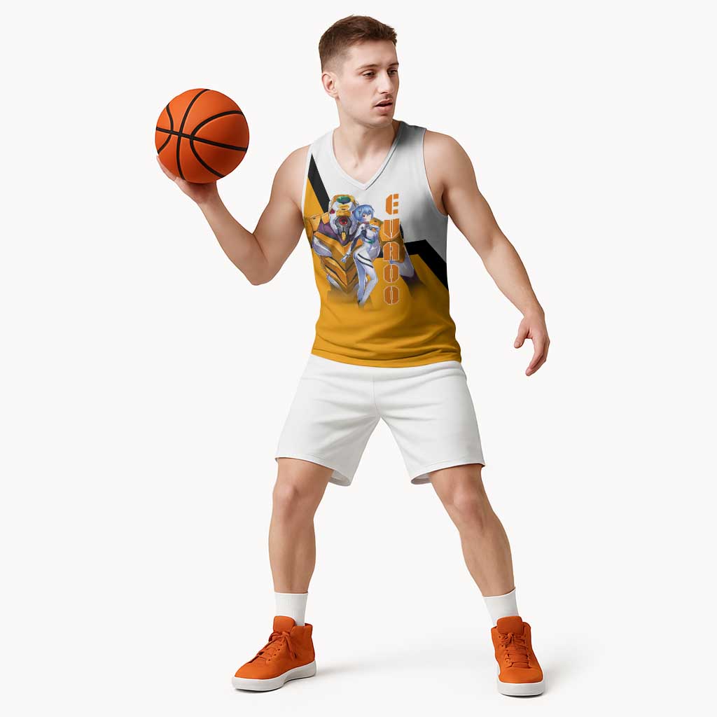 Evangelion EVA-00 and Rei Ayanami Yellow and White Basketball Jersey Design with Mecha and Character Artwork - The Mazicc
