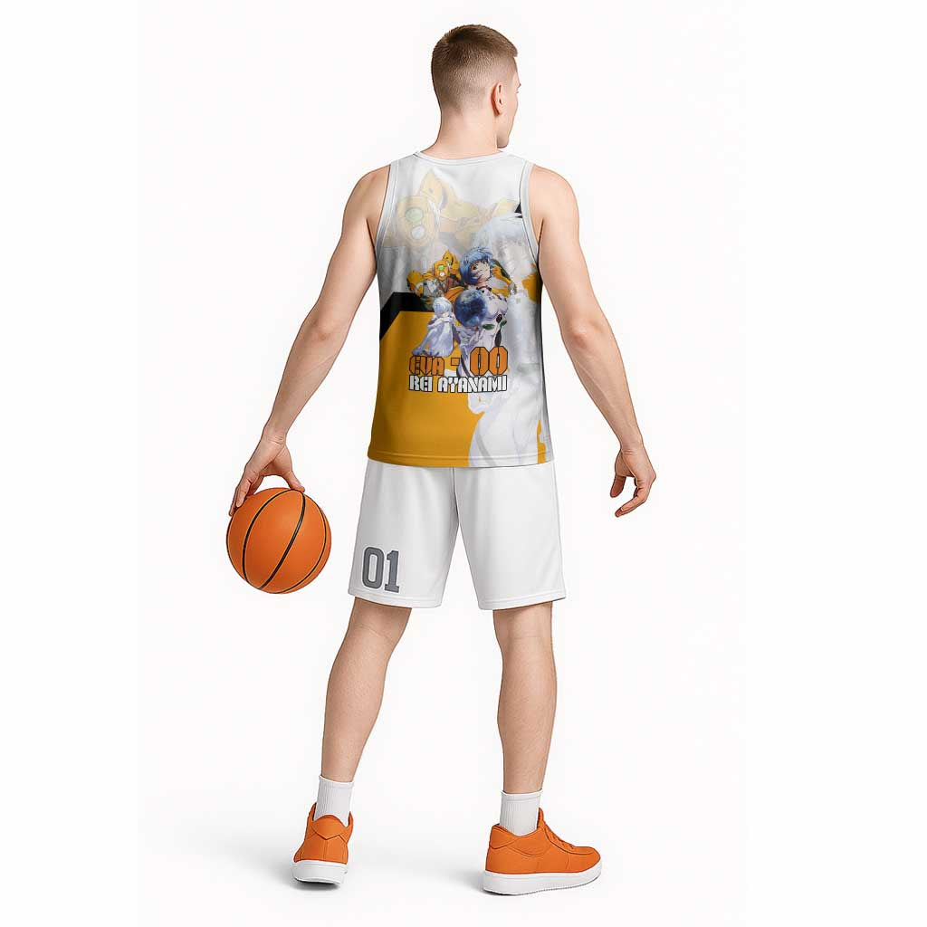 Evangelion EVA-00 and Rei Ayanami Yellow and White Basketball Jersey Design with Mecha and Character Artwork - The Mazicc