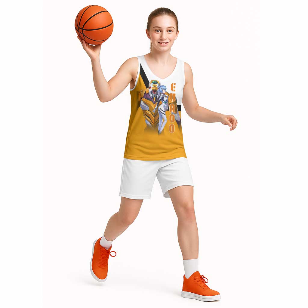 Evangelion EVA-00 and Rei Ayanami Yellow and White Basketball Jersey Design with Mecha and Character Artwork - The Mazicc