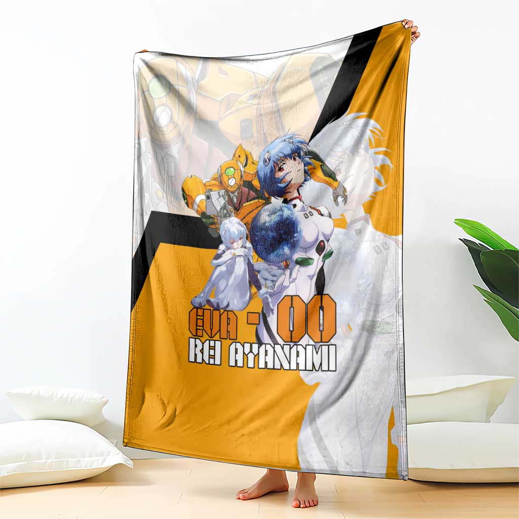 Evangelion EVA-00 and Rei Ayanami Yellow and White Blanket Design with Mecha and Character Artwork - The Mazicc
