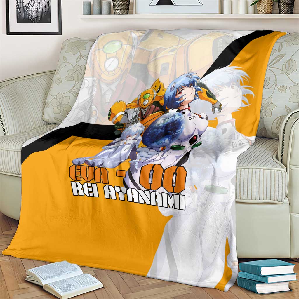 Evangelion EVA-00 and Rei Ayanami Yellow and White Blanket Design with Mecha and Character Artwork - The Mazicc