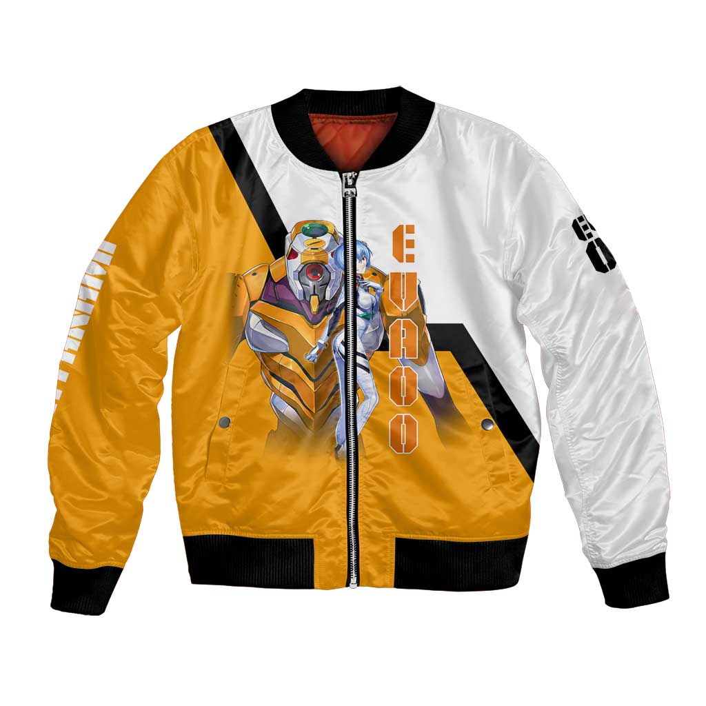 Evangelion EVA-00 and Rei Ayanami Yellow and White Bomber Jacket Design with Mecha and Character Artwork - The Mazicc