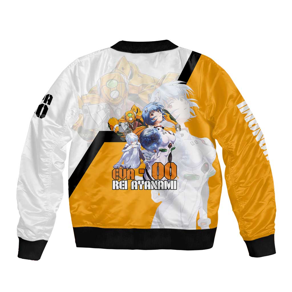 Evangelion EVA-00 and Rei Ayanami Yellow and White Bomber Jacket Design with Mecha and Character Artwork - The Mazicc