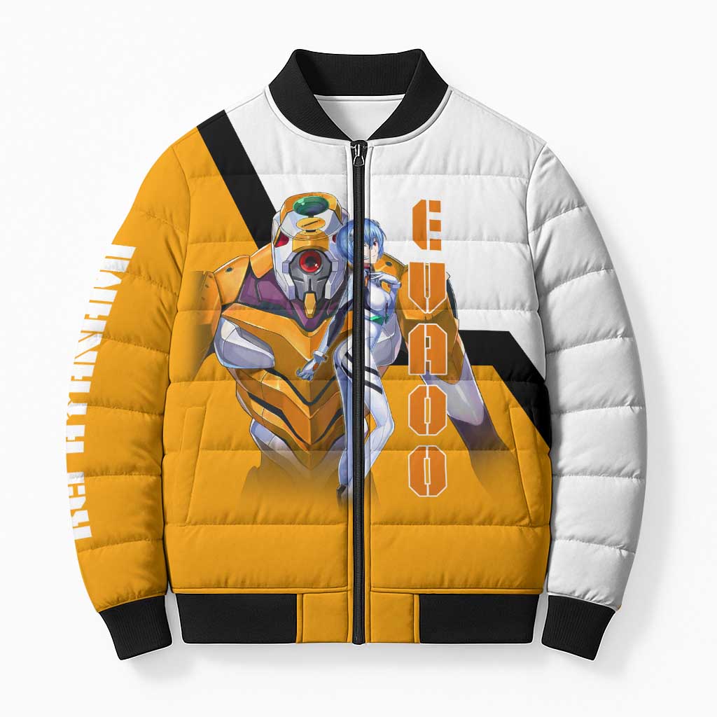Evangelion EVA-00 and Rei Ayanami Yellow and White Bomber Puffer Jacket Design with Mecha and Character Artwork - The Mazicc