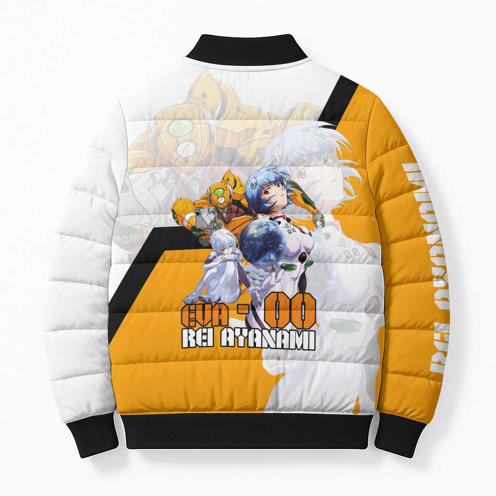 Evangelion EVA-00 and Rei Ayanami Yellow and White Bomber Puffer Jacket Design with Mecha and Character Artwork - The Mazicc