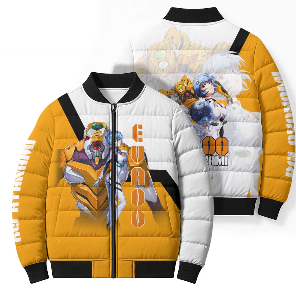 Evangelion EVA-00 and Rei Ayanami Yellow and White Bomber Puffer Jacket Design with Mecha and Character Artwork - The Mazicc