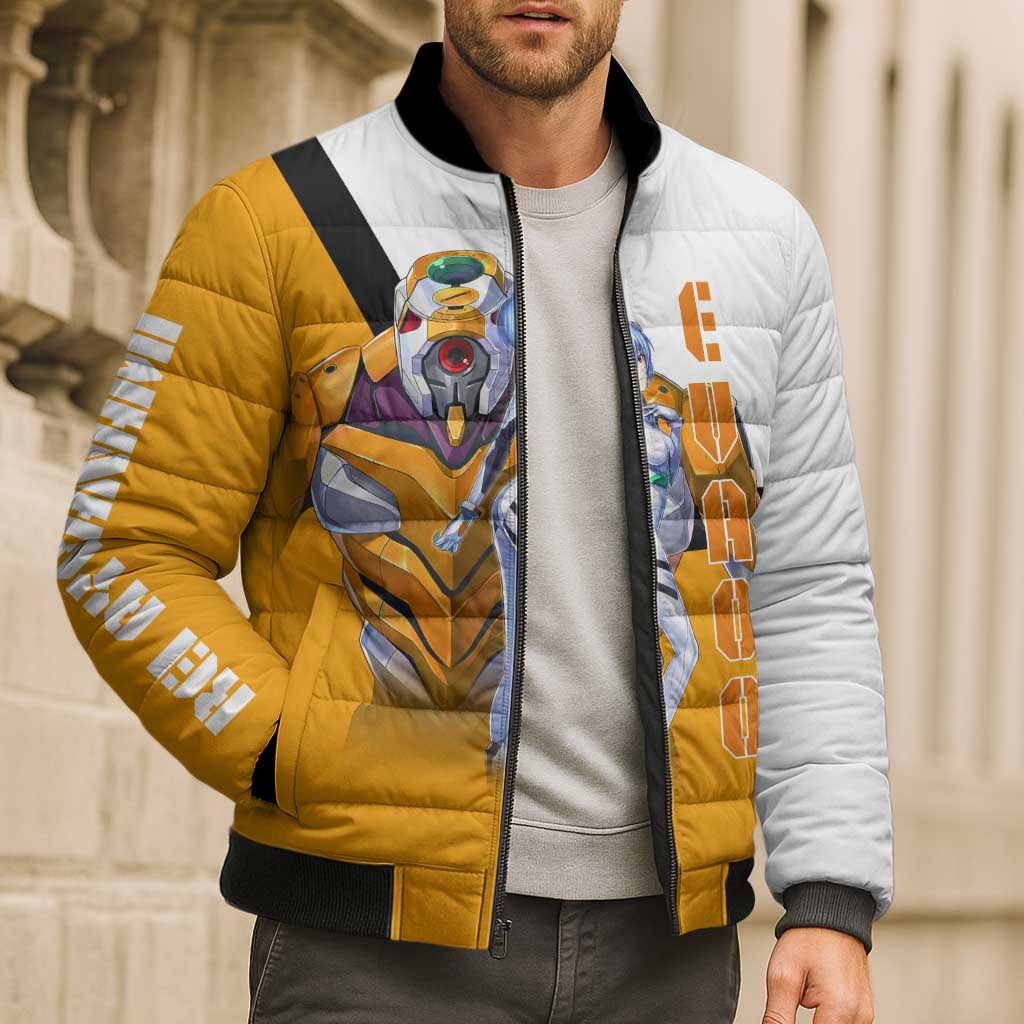 Evangelion EVA-00 and Rei Ayanami Yellow and White Bomber Puffer Jacket Design with Mecha and Character Artwork - The Mazicc