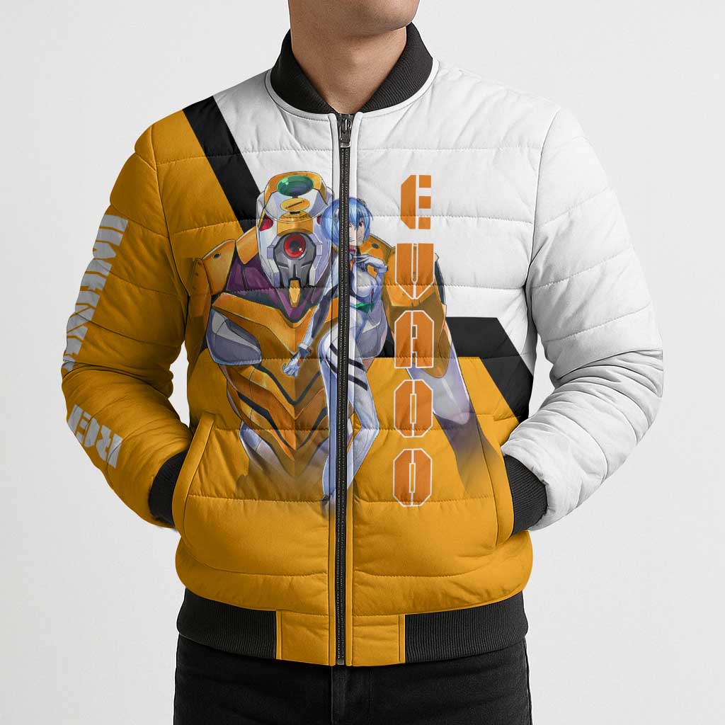 Evangelion EVA-00 and Rei Ayanami Yellow and White Bomber Puffer Jacket Design with Mecha and Character Artwork - The Mazicc