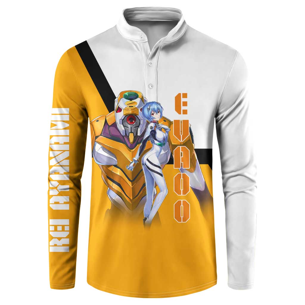 Evangelion EVA-00 and Rei Ayanami Yellow and White Button Sweatshirt Design with Mecha and Character Artwork - The Mazicc