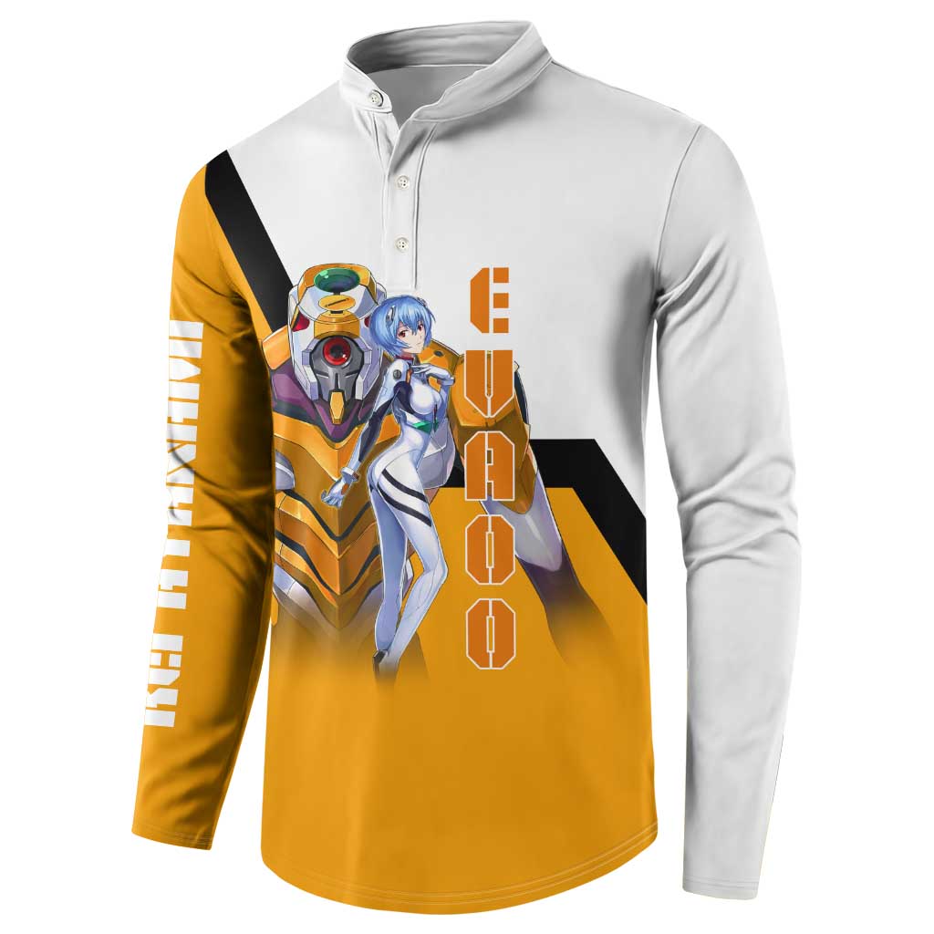 Evangelion EVA-00 and Rei Ayanami Yellow and White Button Sweatshirt Design with Mecha and Character Artwork - The Mazicc