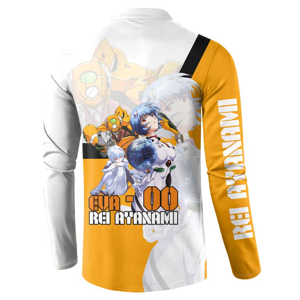 Evangelion EVA-00 and Rei Ayanami Yellow and White Button Sweatshirt Design with Mecha and Character Artwork - The Mazicc