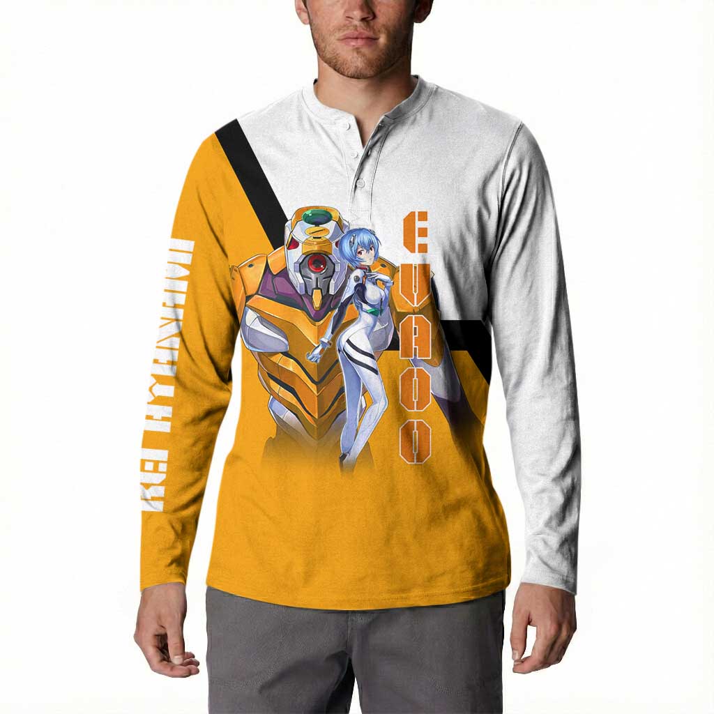 Evangelion EVA-00 and Rei Ayanami Yellow and White Button Sweatshirt Design with Mecha and Character Artwork - The Mazicc