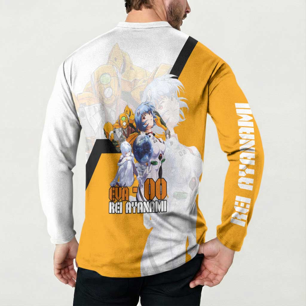Evangelion EVA-00 and Rei Ayanami Yellow and White Button Sweatshirt Design with Mecha and Character Artwork - The Mazicc
