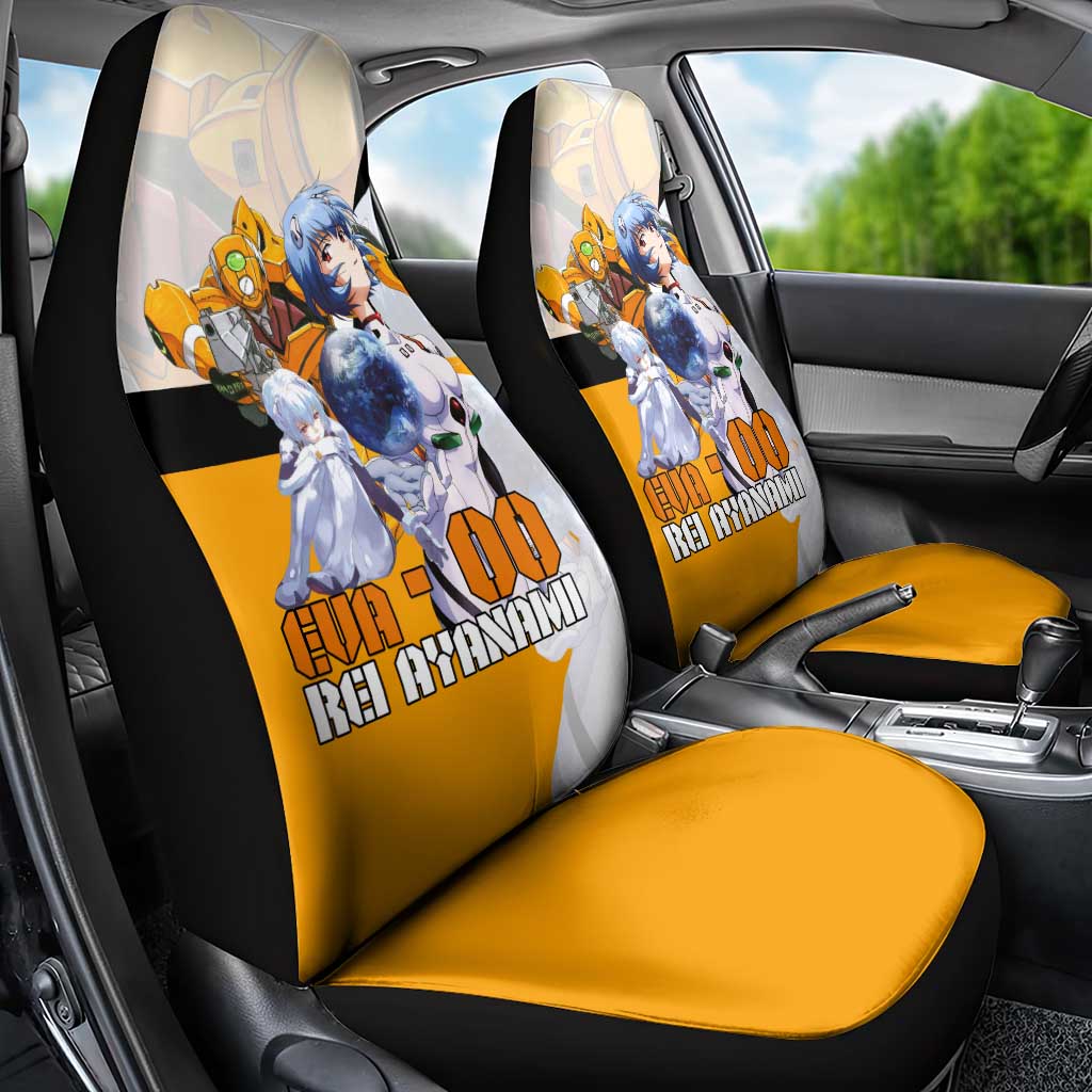 Evangelion EVA-00 and Rei Ayanami Yellow and White Car Seat Cover Design with Mecha and Character Artwork - The Mazicc