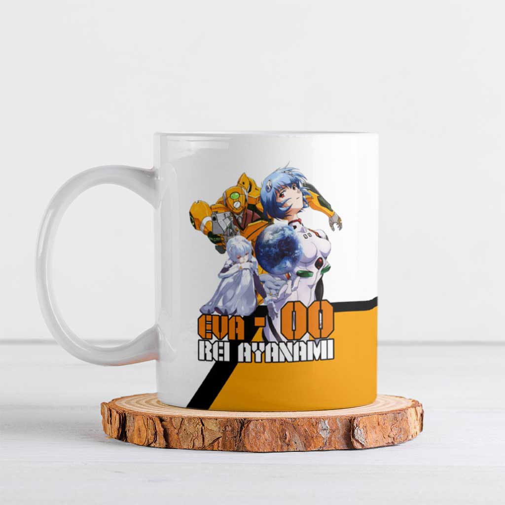 Evangelion EVA-00 and Rei Ayanami Yellow and White Ceramic Mug Design with Mecha and Character Artwork - The Mazicc