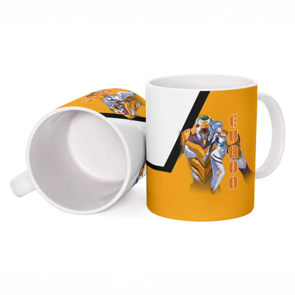 Evangelion EVA-00 and Rei Ayanami Yellow and White Ceramic Mug Design with Mecha and Character Artwork - The Mazicc