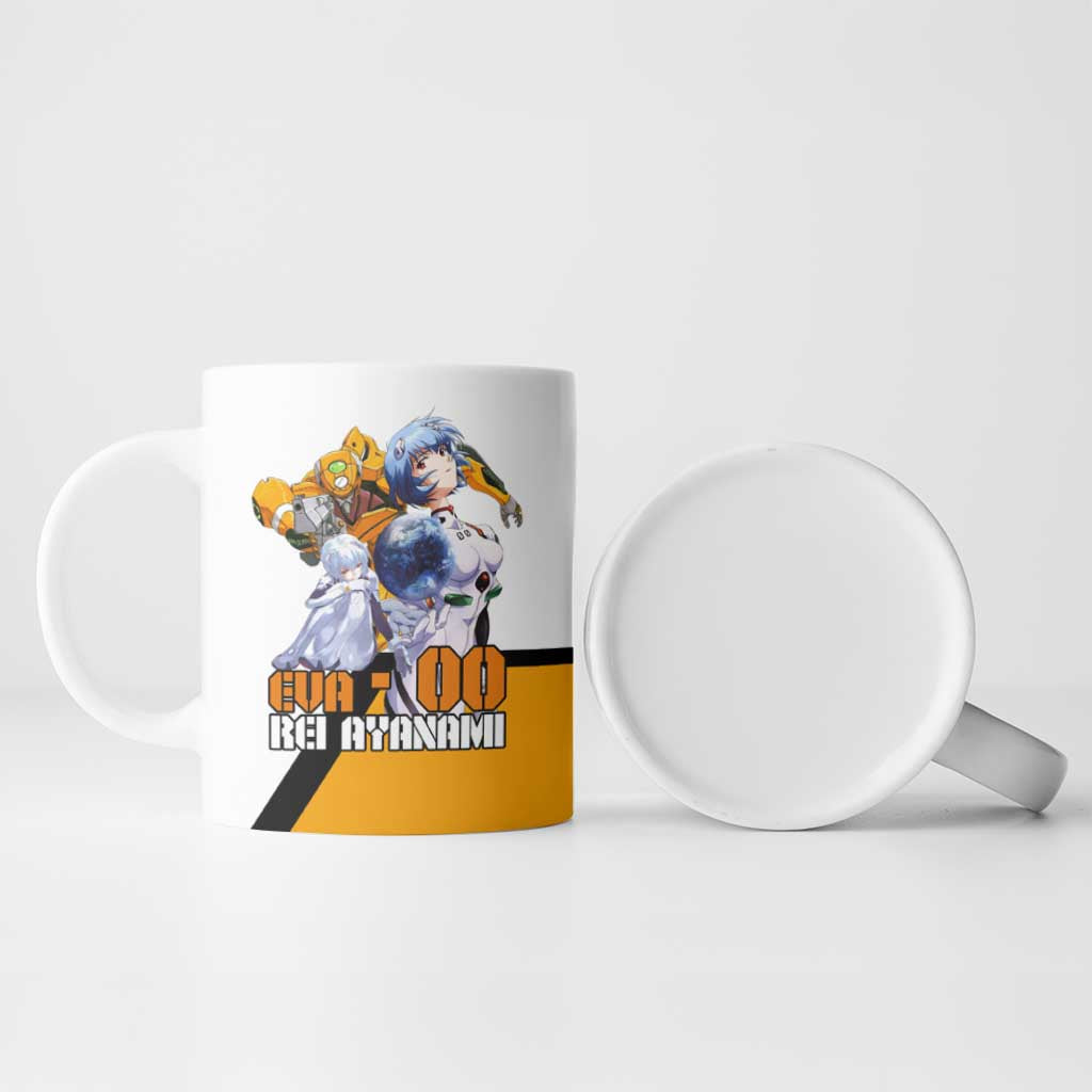 Evangelion EVA-00 and Rei Ayanami Yellow and White Ceramic Mug Design with Mecha and Character Artwork - The Mazicc