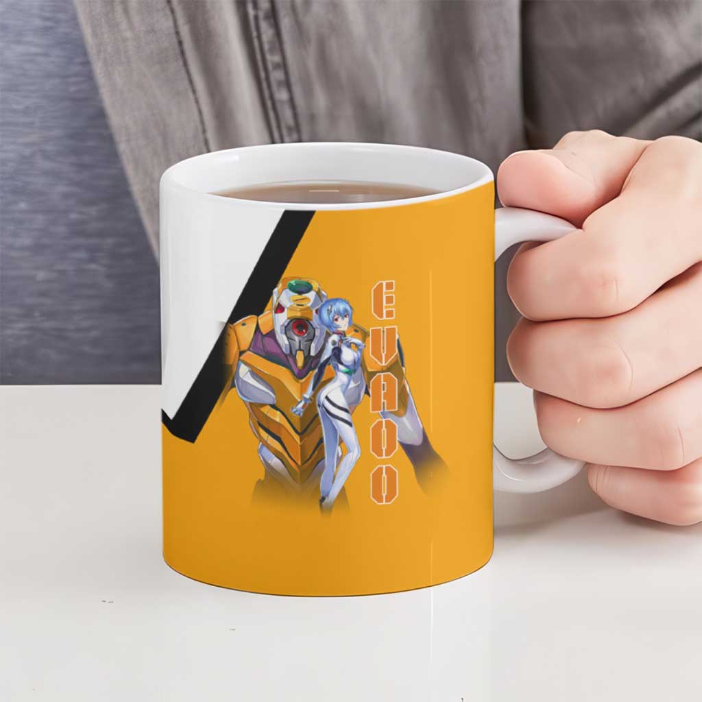 Evangelion EVA-00 and Rei Ayanami Yellow and White Ceramic Mug Design with Mecha and Character Artwork - The Mazicc