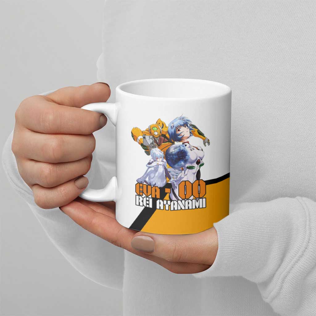 Evangelion EVA-00 and Rei Ayanami Yellow and White Ceramic Mug Design with Mecha and Character Artwork - The Mazicc