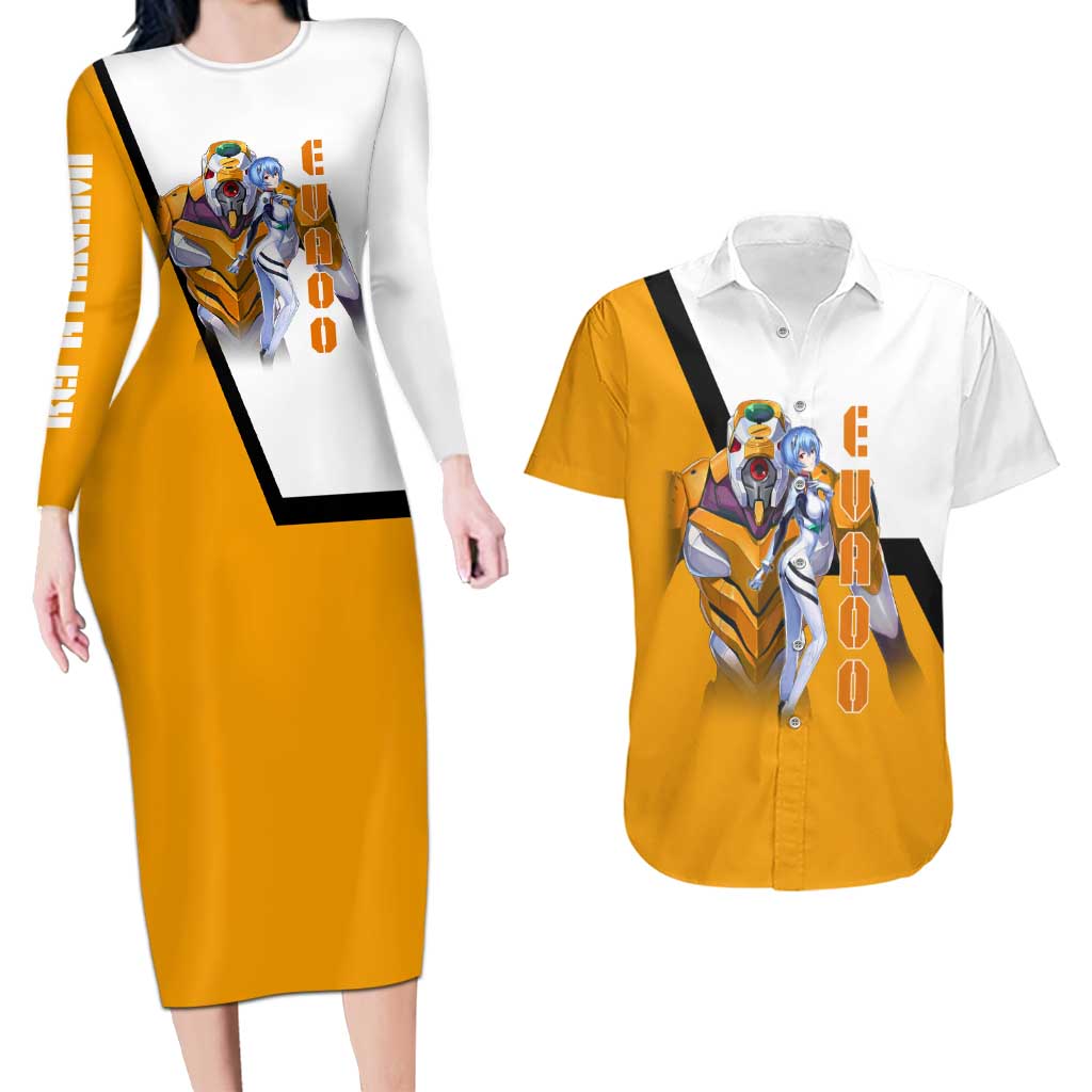 Evangelion EVA-00 and Rei Ayanami Yellow and White Couples Matching Long Sleeve Bodycon Dress and Hawaiian Shirt Design with Mecha and Character Artwork - The Mazicc
