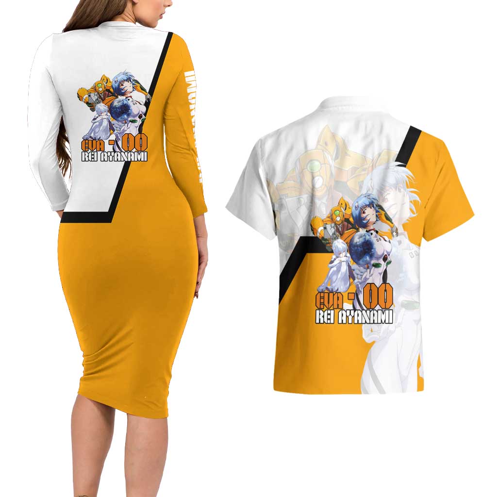Evangelion EVA-00 and Rei Ayanami Yellow and White Couples Matching Long Sleeve Bodycon Dress and Hawaiian Shirt Design with Mecha and Character Artwork - The Mazicc