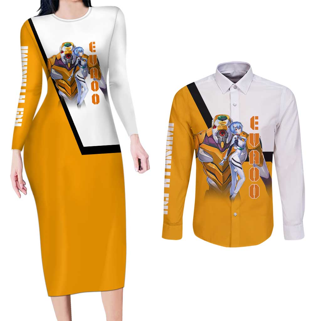 Evangelion EVA-00 and Rei Ayanami Yellow and White Couples Matching Long Sleeve Bodycon Dress and Long Sleeve Button Shirt Design with Mecha and Character Artwork - The Mazicc