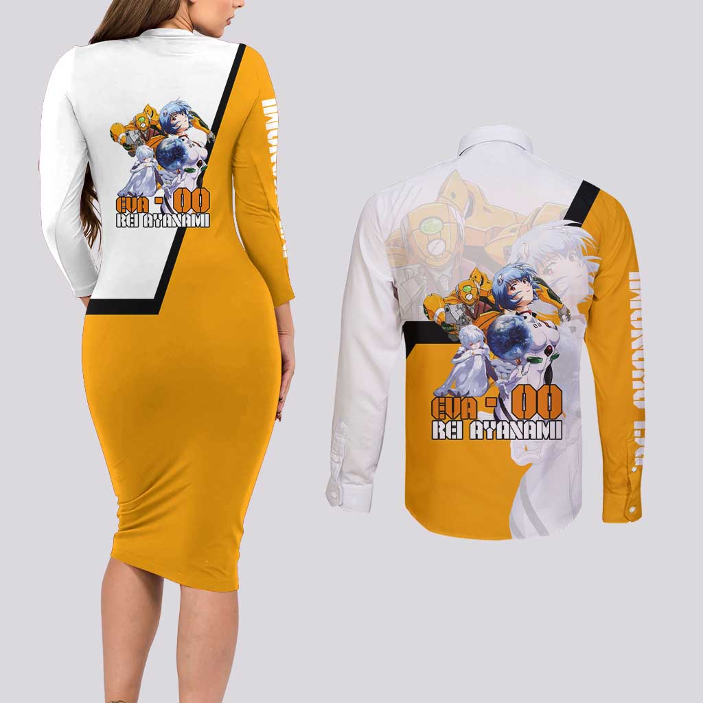 Evangelion EVA-00 and Rei Ayanami Yellow and White Couples Matching Long Sleeve Bodycon Dress and Long Sleeve Button Shirt Design with Mecha and Character Artwork - The Mazicc