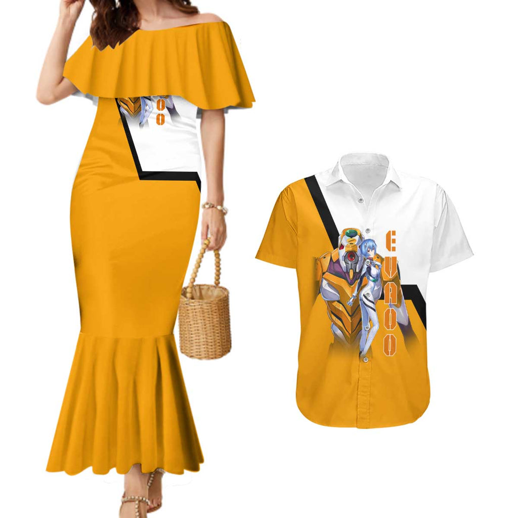 Evangelion EVA-00 and Rei Ayanami Yellow and White Couples Matching Mermaid Dress and Hawaiian Shirt Design with Mecha and Character Artwork - The Mazicc