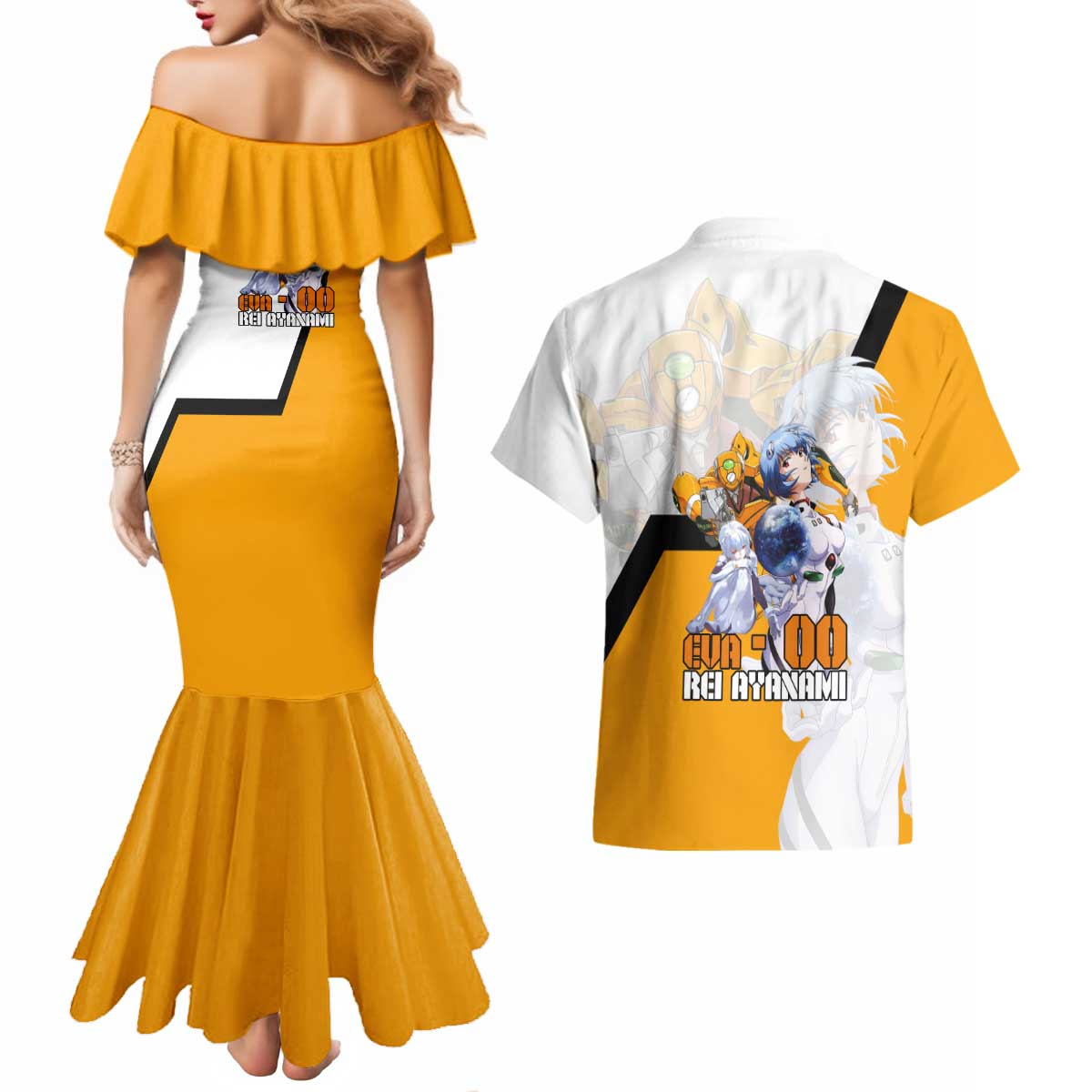 Evangelion EVA-00 and Rei Ayanami Yellow and White Couples Matching Mermaid Dress and Hawaiian Shirt Design with Mecha and Character Artwork - The Mazicc