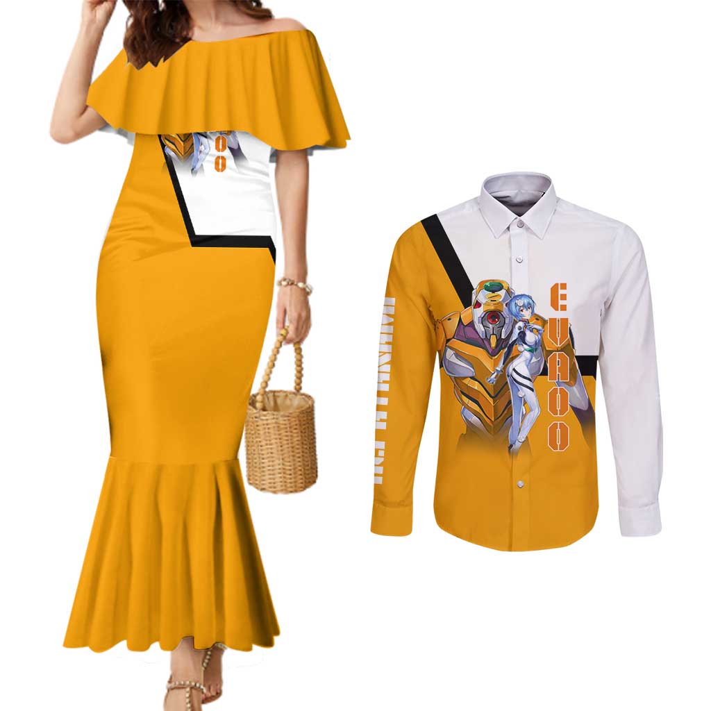 Evangelion EVA-00 and Rei Ayanami Yellow and White Couples Matching Mermaid Dress and Long Sleeve Button Shirt Design with Mecha and Character Artwork - The Mazicc