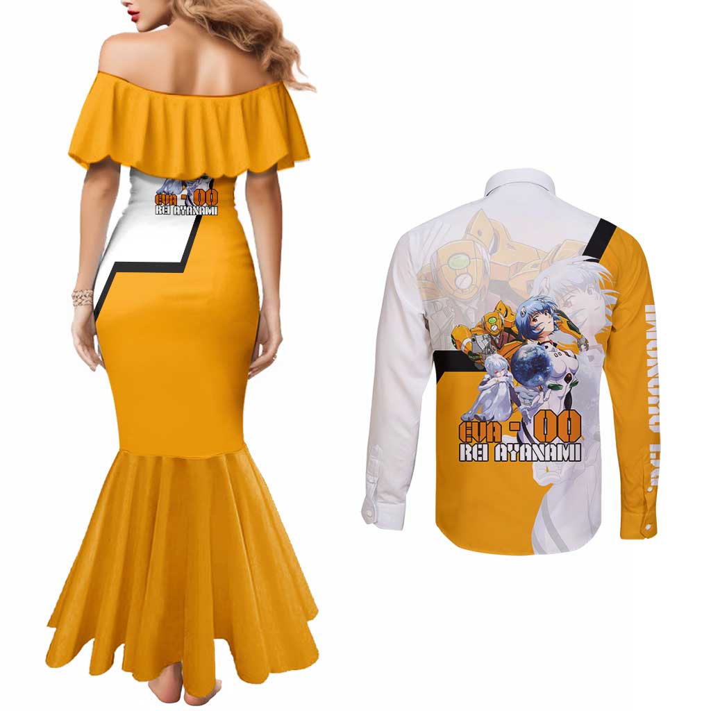 Evangelion EVA-00 and Rei Ayanami Yellow and White Couples Matching Mermaid Dress and Long Sleeve Button Shirt Design with Mecha and Character Artwork - The Mazicc