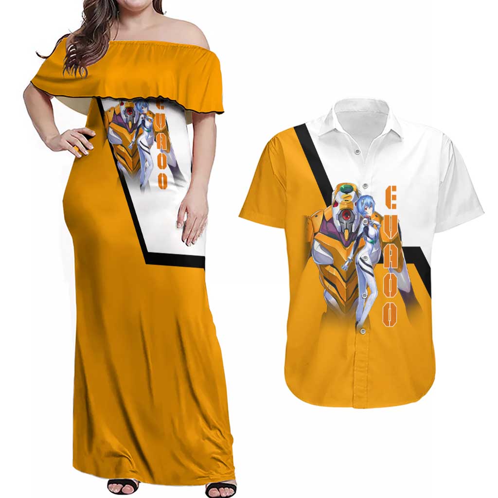 Evangelion EVA-00 and Rei Ayanami Yellow and White Couples Matching Off Shoulder Maxi Dress and Hawaiian Shirt Design with Mecha and Character Artwork - The Mazicc